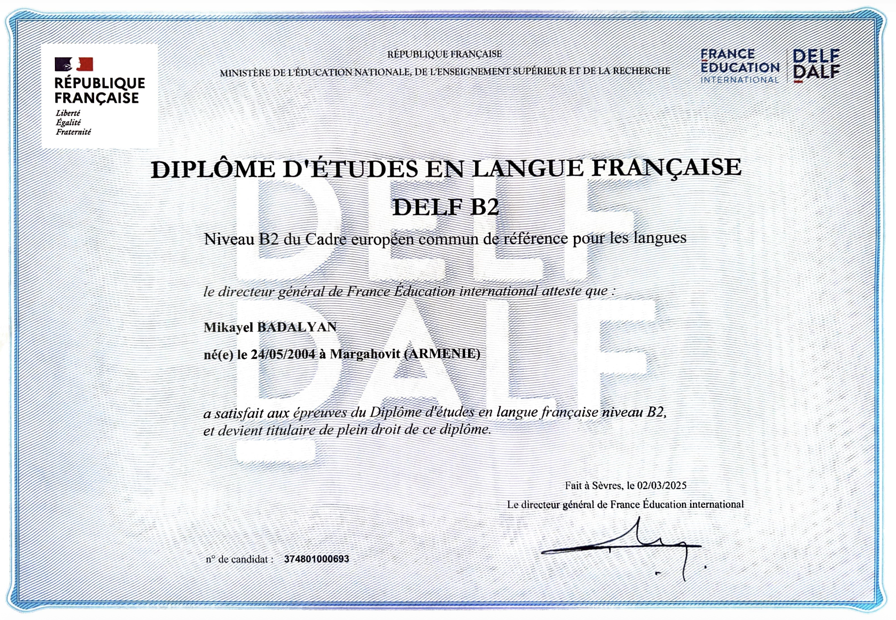 DELF Certificate